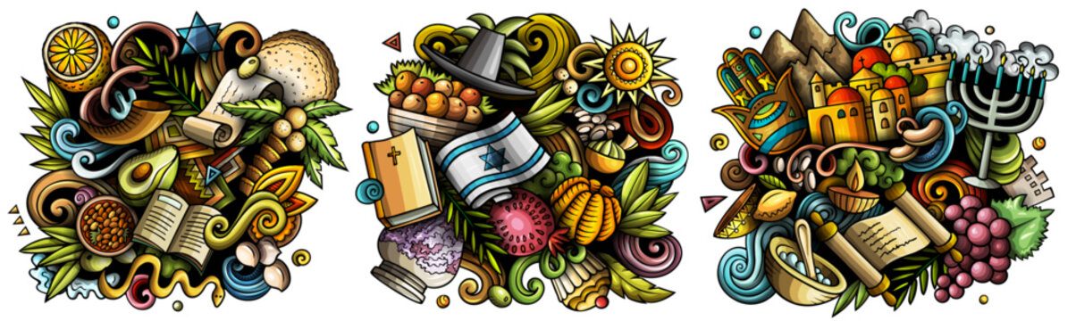 Israel cartoon vector doodle designs set. Colorful detailed compositions with lot of Israeli objects and symbols. Isolated on white illustrations