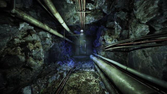 Sealed hatch corridor with blue accent light, heavy industrial pipes framing narrow path, scattered debris and damp textures, high security facility or bunker