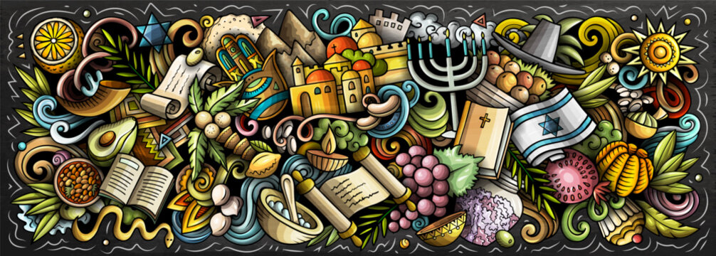 Colorful Israel vector illustration with landmarks, traditions, religion, food and nature. Perfect for travel, culture, history and tourism design projects