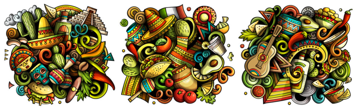 Mexico cartoon vector doodle designs set. Colorful detailed compositions with lot of Mexican objects and symbols. Isolated on white illustrations