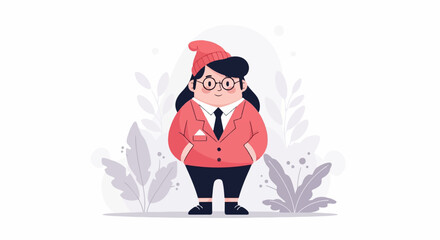 A cartoon character in a coral jacket, black pants, and a red beanie