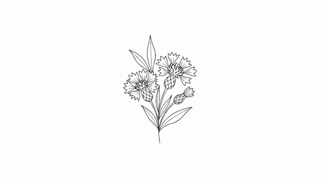 Black and white sketch of three cornflowers with buds and leaves