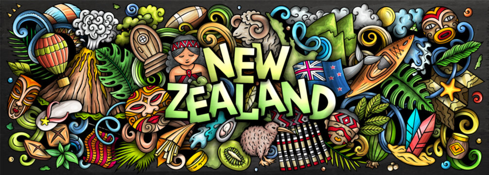New Zealand vector illustration with nature, Maori culture, mountains, beaches, wildlife and adventure activities. Perfect for travel, tourism and holiday design projects