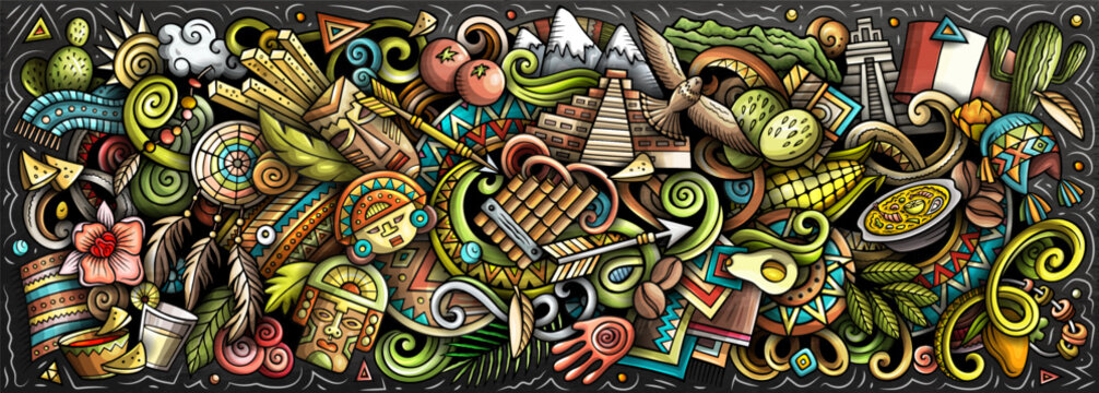 Peru vector illustration with Machu Picchu, mountains, Inca culture, llamas, food and nature. Perfect for travel, tourism, history and adventure design projects
