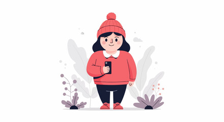 Cheerful person in winter attire holding phone amidst stylized foliage