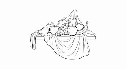Still life drawing of various fruits draped over a table with cloth