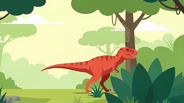 Cartoon of a red dinosaur walking through a jungle with trees, rocks, and cloud background