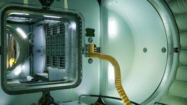 Utility port space station yellow conduit attached to access panel, visible clamp and coupling, maintenance interface in compact technical compartment