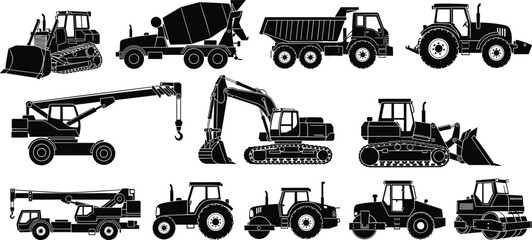 Construction and agricultural heavy equipment black silhouette set including excavator, bulldozer, tractor, dump truck and crane isolated on white background vector illustration © MSTMUNMUN