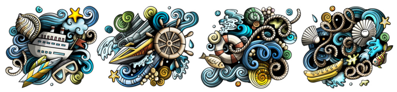 Marine cartoon vector doodle designs set. Colorful detailed compositions with lot of maritime objects and symbols. Isolated on white illustrations