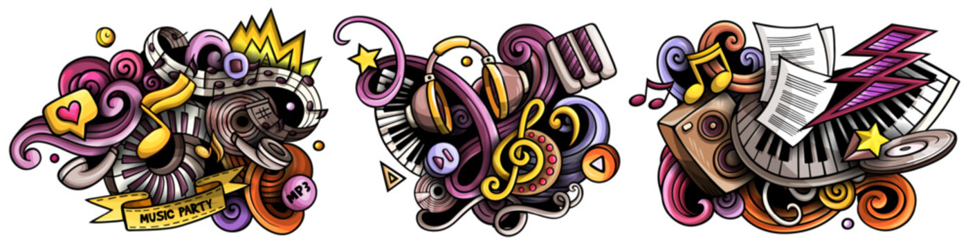 Set of vibrant 3D music doodle banners featuring instruments, notes, and abstract swirls in a playful, colorful cartoon style. Perfect for creative audio, festival, or concert designs.