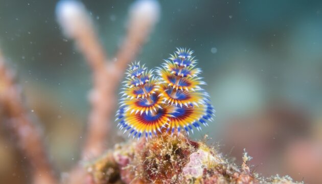 Tiny colorful Christmas tree worm perched on coral reef underwater