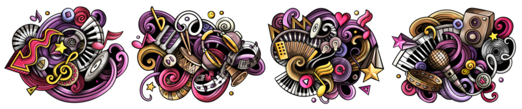 Set of vibrant 3D music doodle banners featuring instruments, notes, and abstract swirls in a playful, colorful cartoon style. Perfect for creative audio, festival, or concert designs.