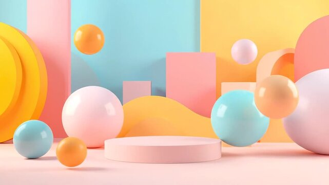 Abstract 3D rendering of geometric shapes and spheres in pastel colors, creating a modern background.