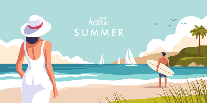 Concept of vacation and travel. Beautiful summer day at the beach with a woman in a white dress and a man holding a surfboard. Vector illustration.