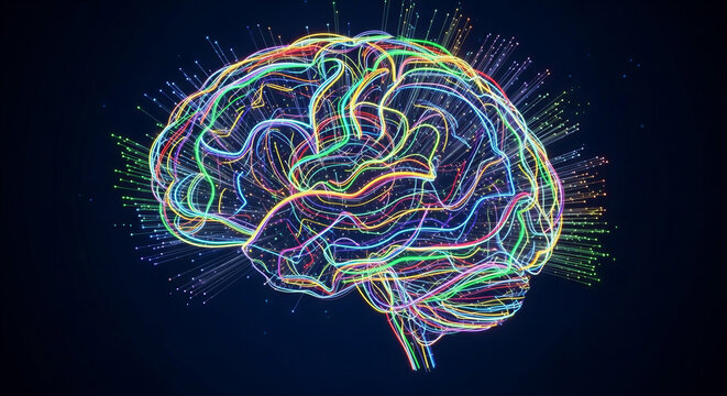 A vibrant and colorful illustration of a human brain with glowing neon lines