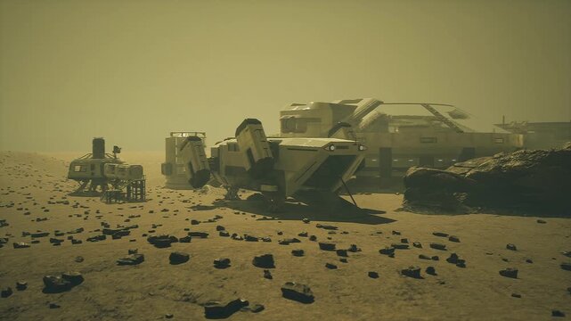 Stranded cargo lander on mars beached futuristic transport surrounded by scattered debris, low sun haze, small rover approaching for inspection