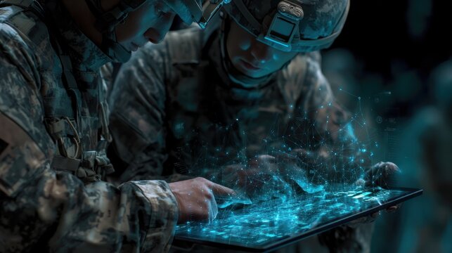 Soldiers using digital map on tablet
