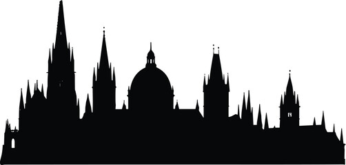 Obraz premium Detailed black silhouette of a European city skyline with cathedrals churches and historical architecture isolated on white background for travel and urban landscape design