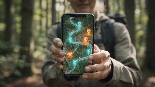 Medium shot of a camper holding a smartphone displaying an augmented reality campground map with glowing 3D trail markers and blurred forest background.