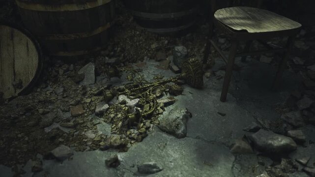Tasting nook with stacked oak barrels and small round table single stool beside dustcoated floor, mottled brick walls and high aperture cast warm sepia glow,