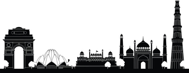 Detailed Black Silhouette of India Skyline Featuring Iconic Landmarks Including India Gate Lotus Temple Red Fort Jama Masjid and Qutub Minar for Travel Design