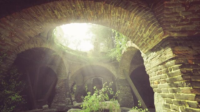 Arched entry revealing lush interior with sunlight pooling on ground, layered archways creating tunnel effect, sprouting saplings and climbing ivy transforming
