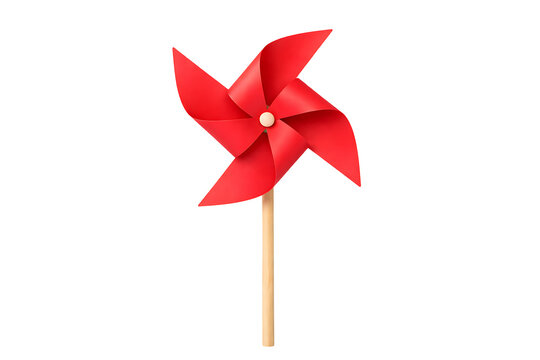 Red paper pinwheel toy on a wooden stick isolated on transparent background