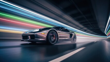 Fototapeta premium Sleek silver car speeds through tunnel with motion blur light trails