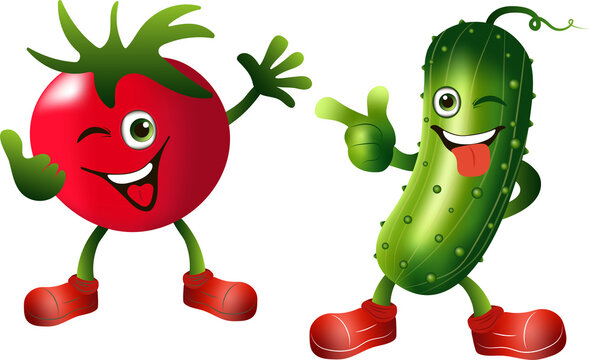 funny cartoon tomato and cucumber