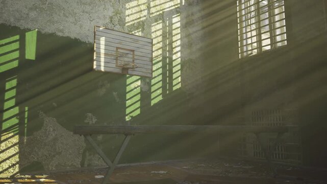 Sunbeams cutting through dusty empty gym, worn bench and scuffed flooring, green locker glow through grating, forgotten scoreboard silhouette, archivist