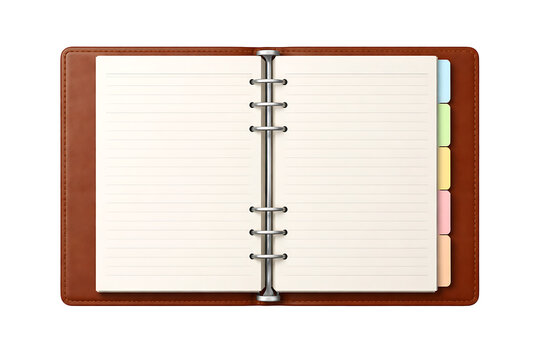 Open leather binder notebook with blank lined pages and colorful tabs isolated on transparent background