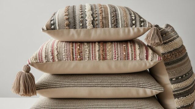 Stack of neutral toned decorative pillows with textured designs and tassels
