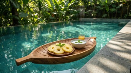 Obraz premium Tropical poolside relaxation with fresh pineapple slices and yogurt on wooden tray in serene garden setting