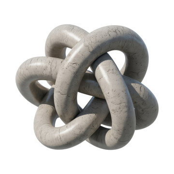 Gray stone sculpture of interlocking rings with cracks