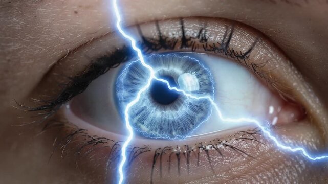 Close up of blue human eye with electric lightning effects symbolizing energy and power