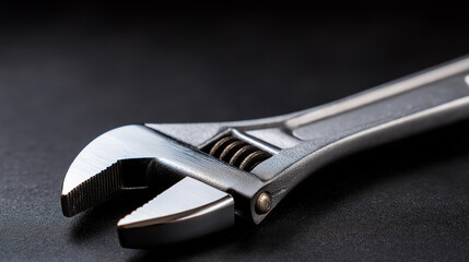 Obraz premium Adjustable wrench dark background close-up view, hand tool visualization, mechanical equipment detail, service implement display, with copy space