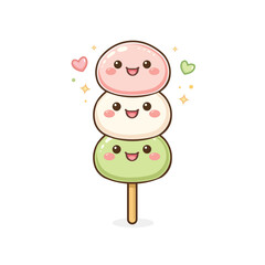 Fototapeta premium Adorable kawaii dango illustration featuring three pastel rice dumplings (pink, white, and green) on a wooden skewer with cute smiling faces.