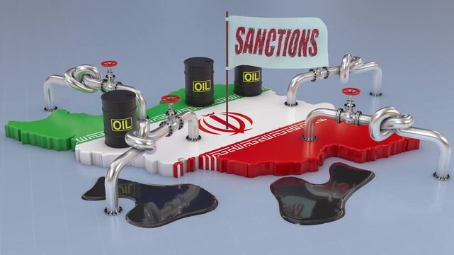 Oil barrels on the map of Iran and pipelines tied in knots symbolize sanctions and restrictions on energy exports.
