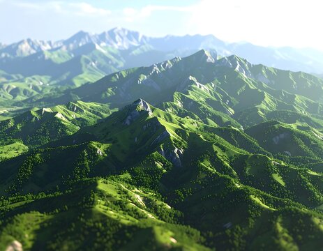 An aerial view showcases rolling, verdant hills morphing into majestic mountain ranges under a bright, hazy sky. Light and shadow play