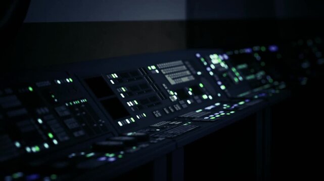 Illuminated control console with multicolored panels and switches, closeup of buttons and status lights compact workstation, tactile controls and technical