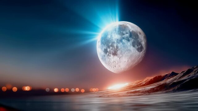 Gigantic glowing moon illuminating an alien night landscape with dramatic blue light beams