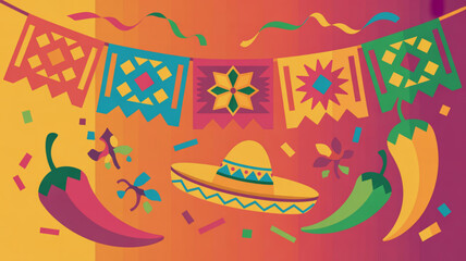 Naklejka premium Vibrant mexican fiesta decoration with chili peppers sombrero and colorful paper banners against a gradient background
