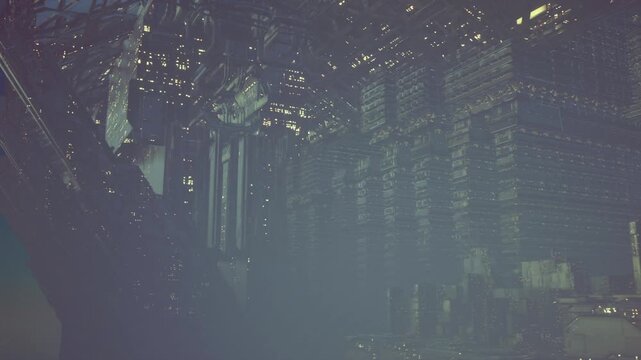 Moody blue cavern with fractured towers, scattered pinprick lights and deep shadows, melancholic atmosphere with vertical ruins and distant crystalline glints.