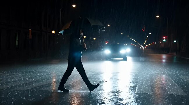 Pedestrian under umbrella crossing a rain soaked city street at night
