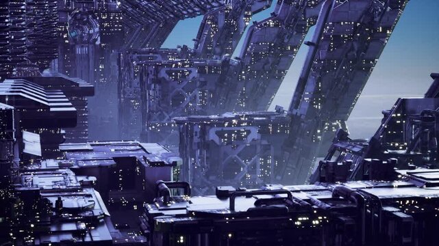 Elevated city rim at dusk with suspended walkways and glowing windows, expansive metal frames and soft atmospheric haze creating contemplative scifi urban mood.