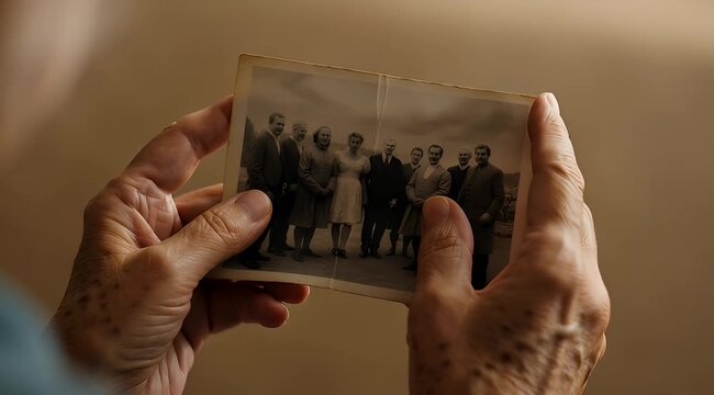 Elderly hands holding a weathered photograph of a group of people