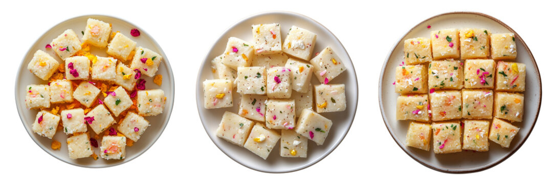 Squares of white milk barfi with chopped nuts isolated asian confectionery transparent or white background