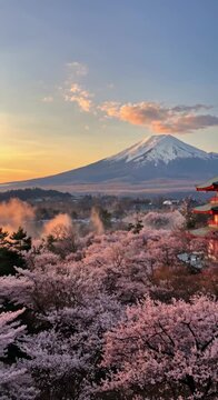 Majestic view of Mount Fuji and five-storied red pagoda surrounded by blooming pink cherry blossoms at sunrise with morning mist in Fujiyoshida