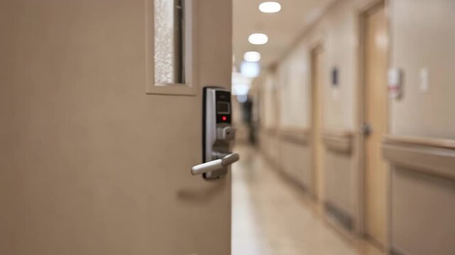 Medium shot capturing the entrance door to a secured memory care unit the lock mechanism in clear focus with the hallway and background subtly blurred for security feel.